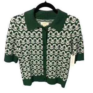 NWT Anthropologie Maeve Kinsley Collared Crop Cardigan Sweater Green Motif Small